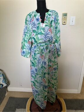 J Mclaughlin Maxi Dress with Tropical Leaf &Flamingo Print White/Green. Sz S-NWT
